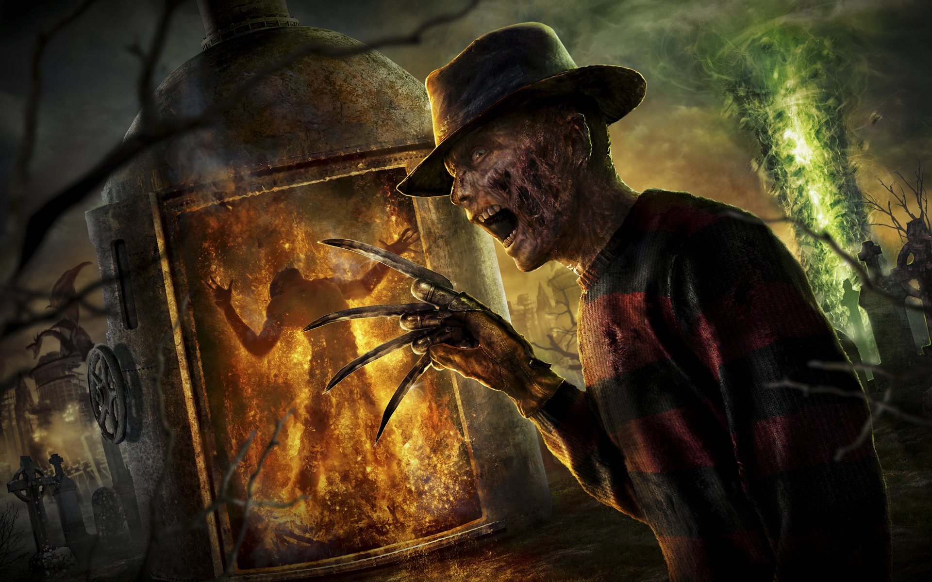 mortal kombat 2011 freddy krueger frederick rękawica noże kapelusz ogień cmentarz smok neogaf