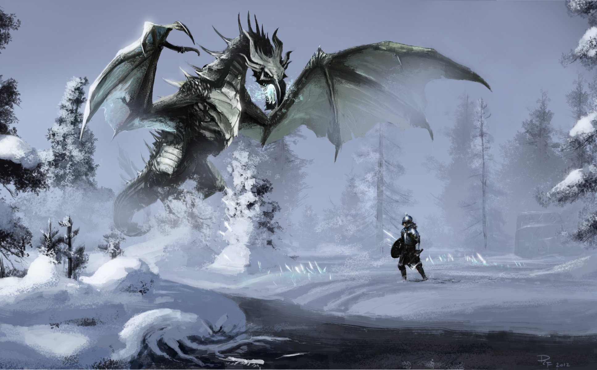 art skyrim hiver neige dragon guerrier rivière rivière forêt magie