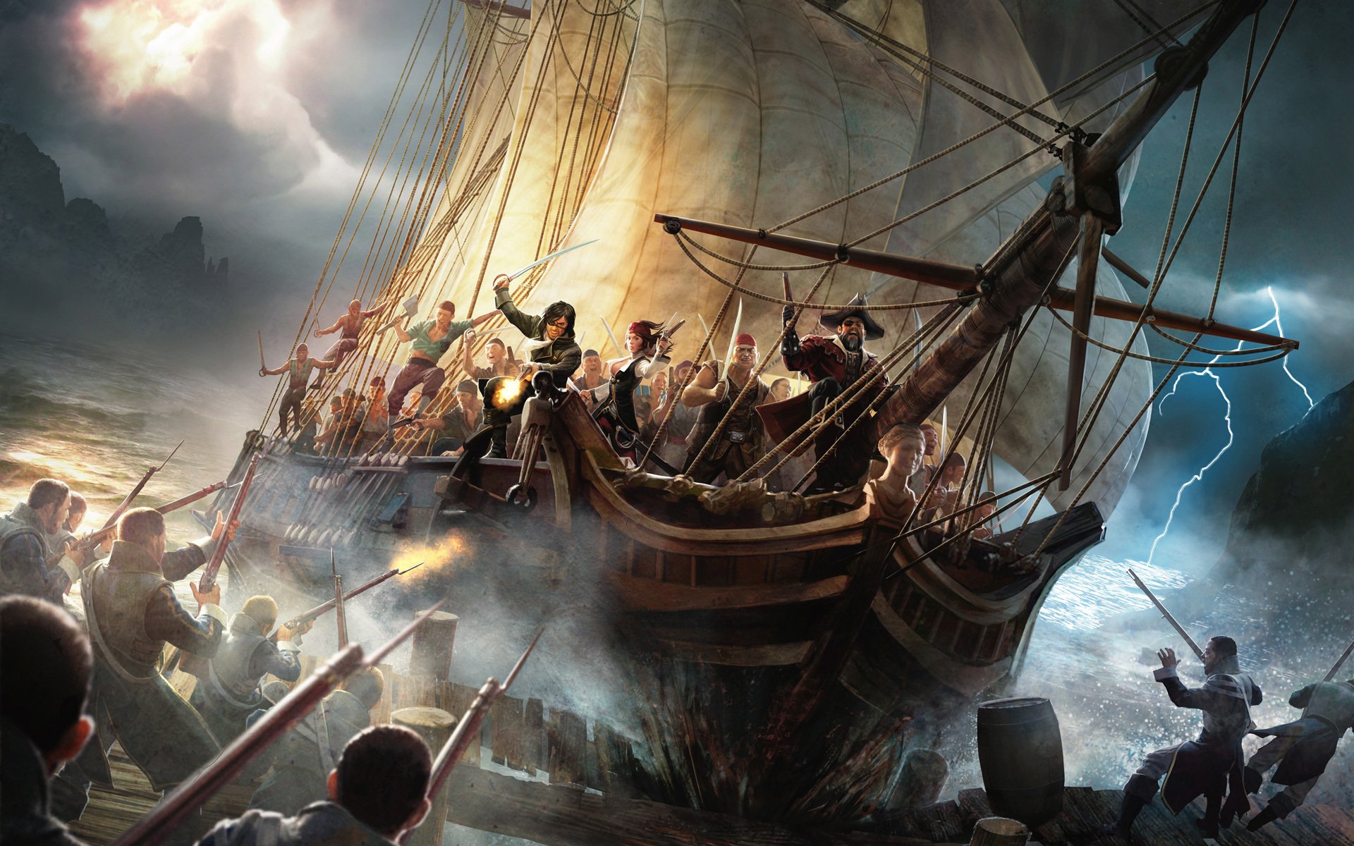 risen 2 schiff segelboot piraten pier sturm gewitter blitze waffen