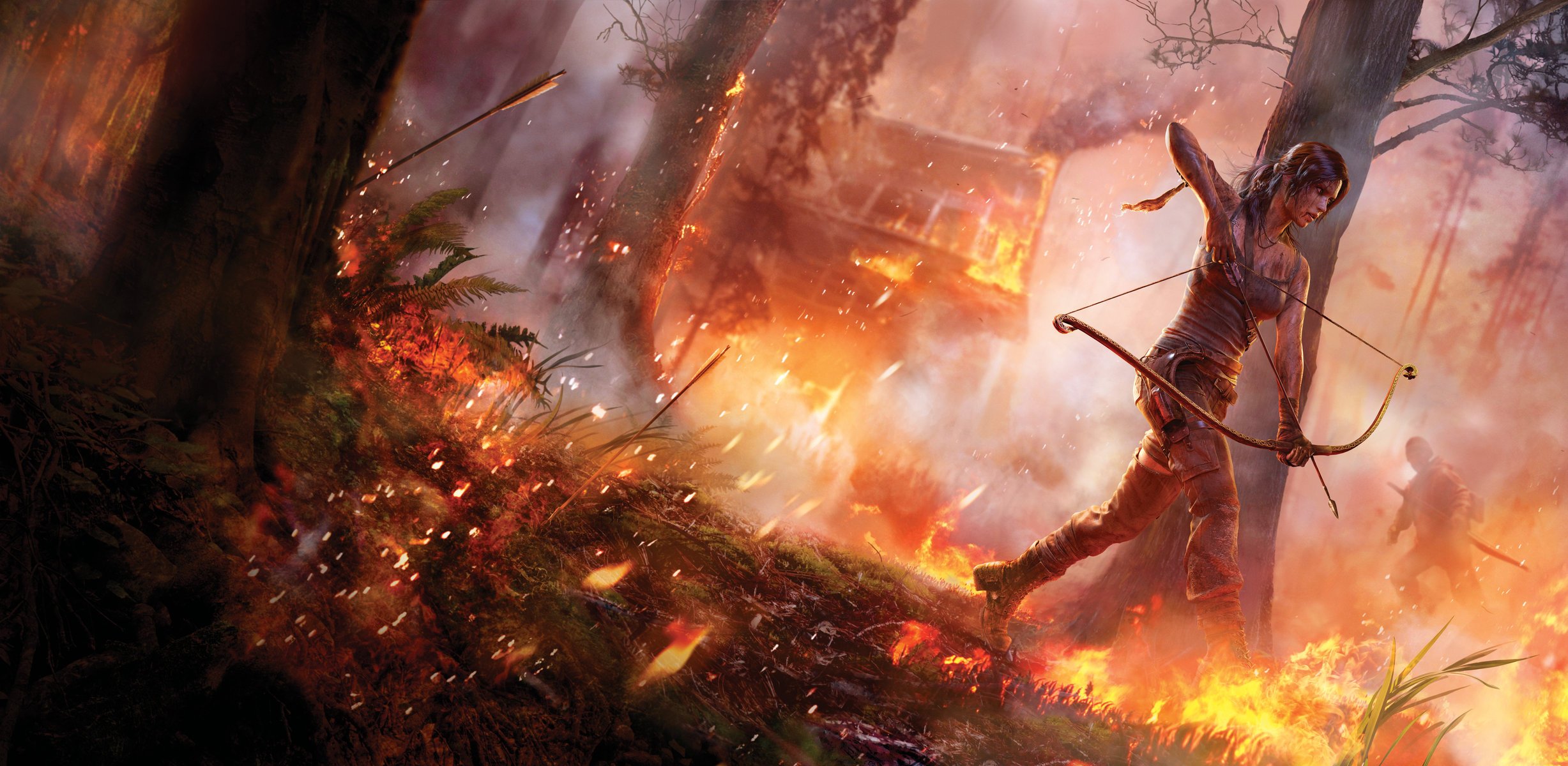 tomb raider tomb raider chica bosque fuego casa prado árboles hierba