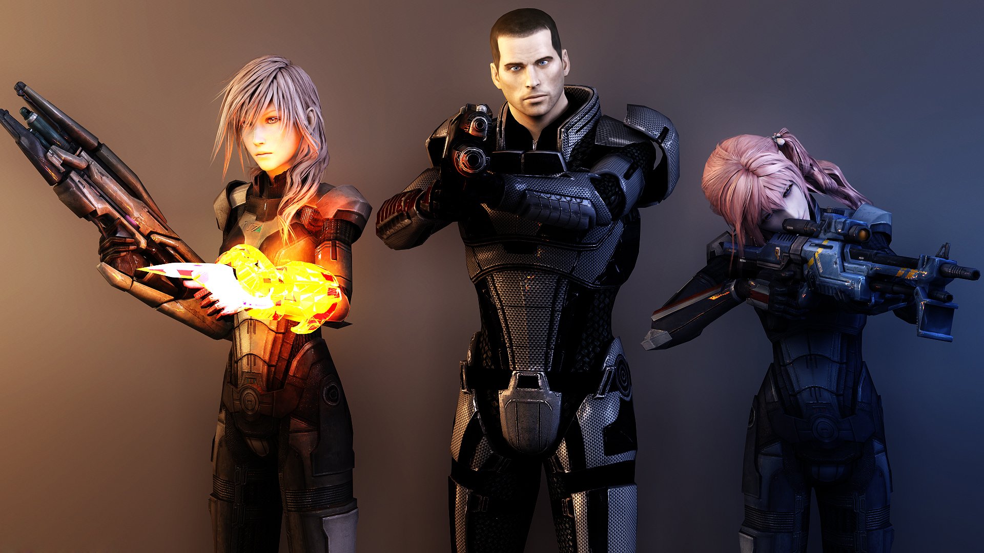 арт final fantasy mass effect девушки молнии капитан шепард оружие рендер броня коллаж