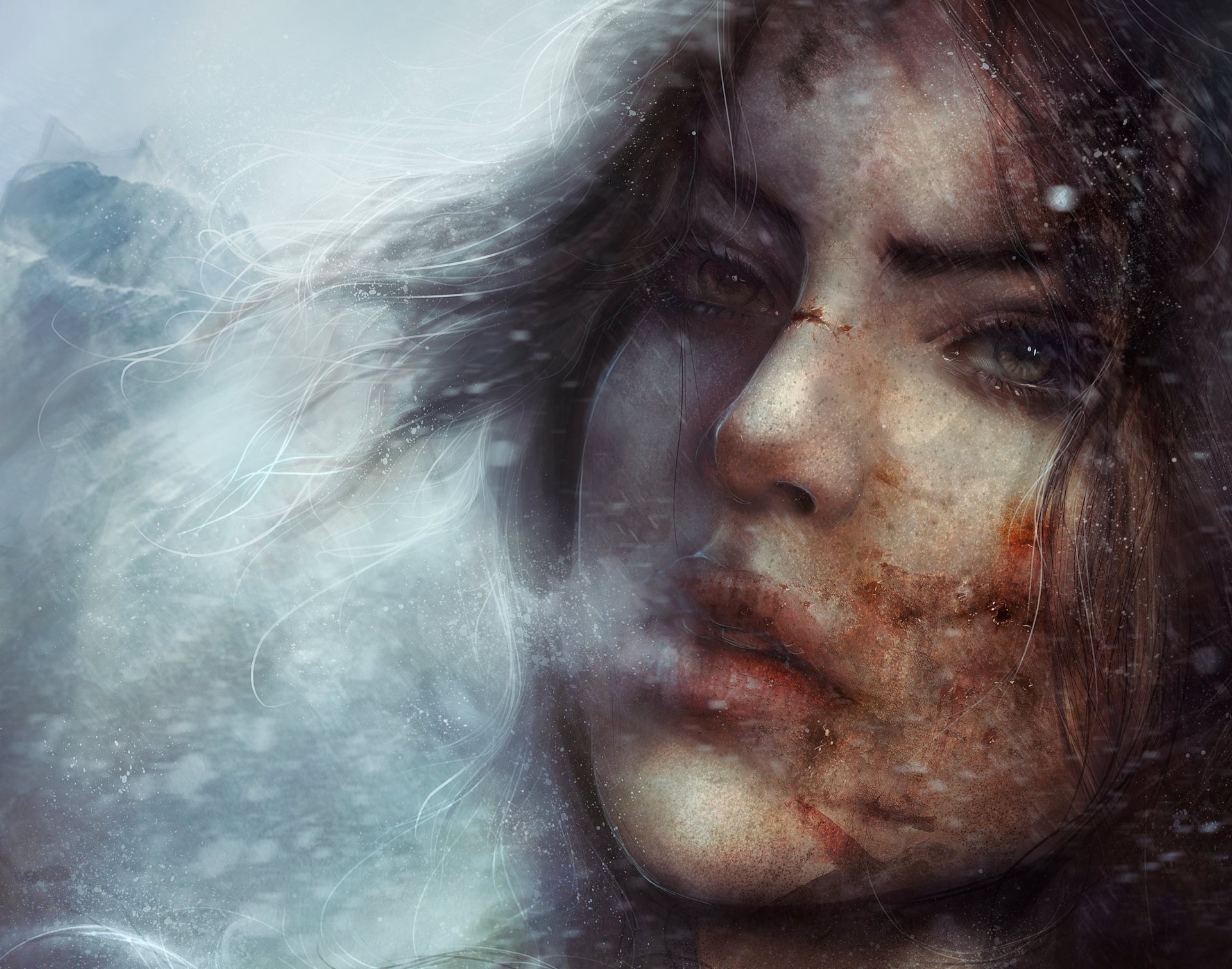 lara croft tomb raider arte juego chica cara ojos mirada labios vapor frío nieve invierno anomalía