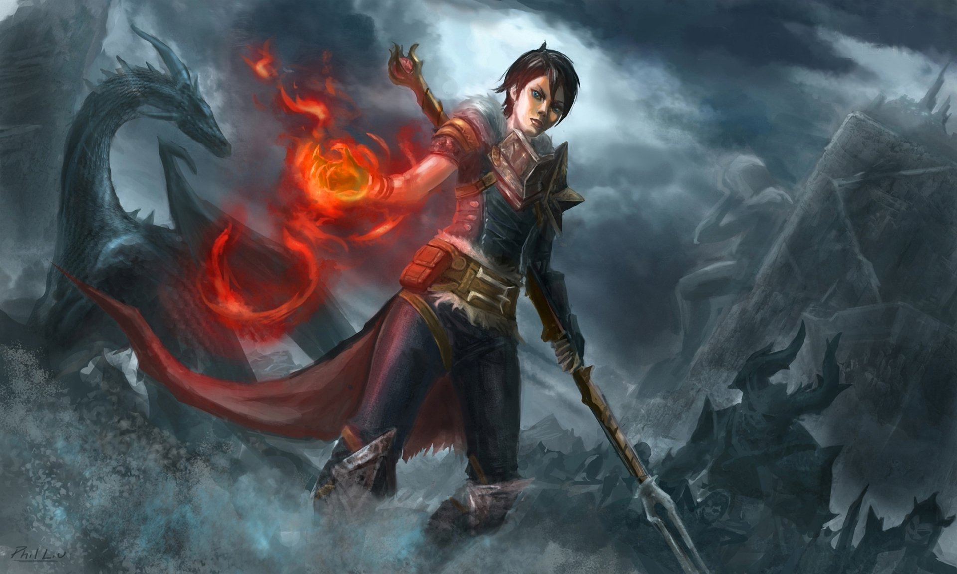 art dragon age hawke dziewczyna mag smok bitwa magia laska ogień ork armia statua rzeźba kirkwall