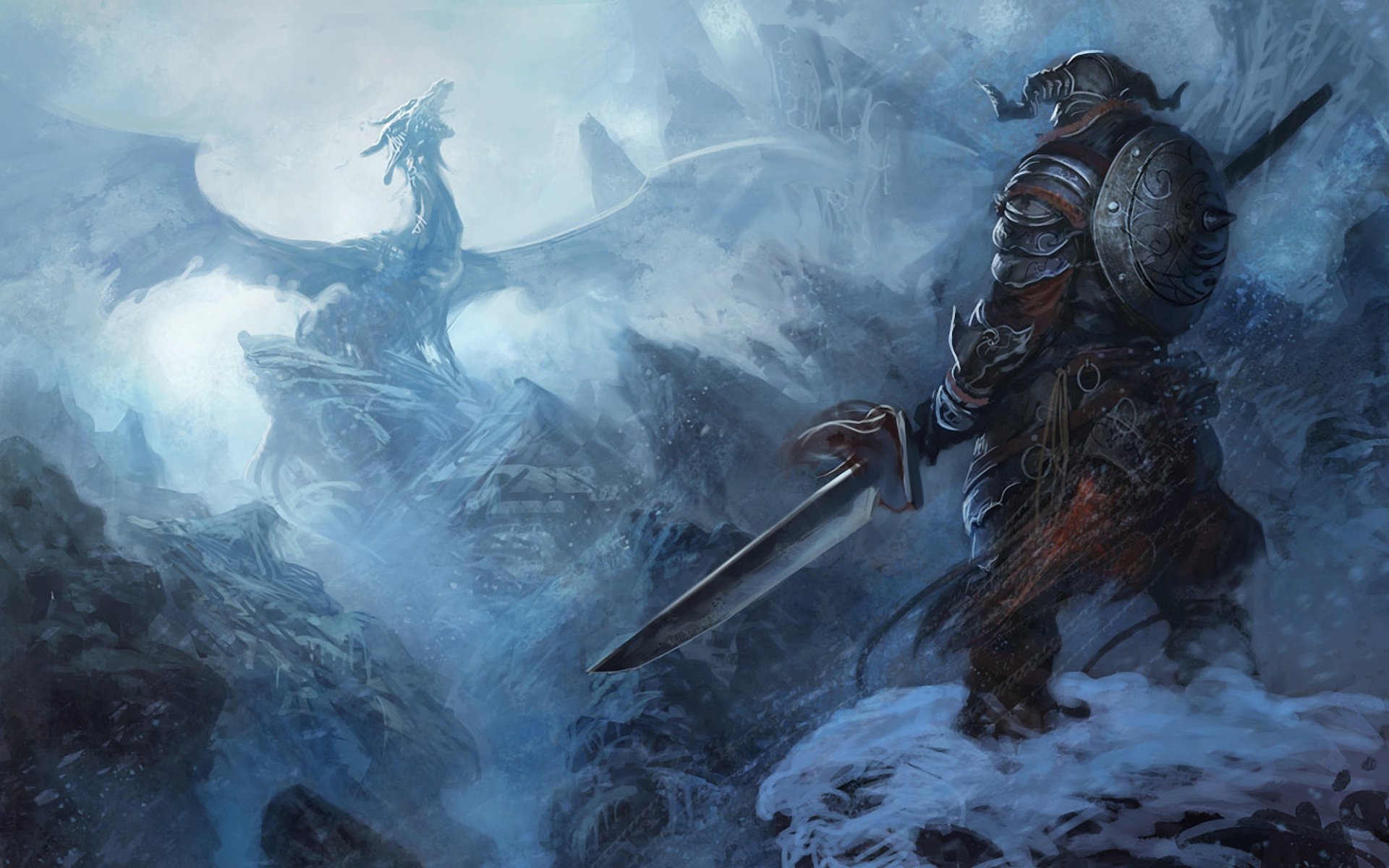 the elder scrolls skyrim krieger rüstung berge schnee drache