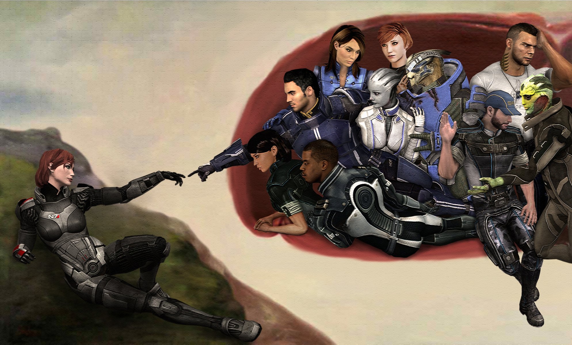art mass effect fan art shepard team fresco hands creation of adam garrus thane james jacob kelly ashley kaidan jane shepard joker liara