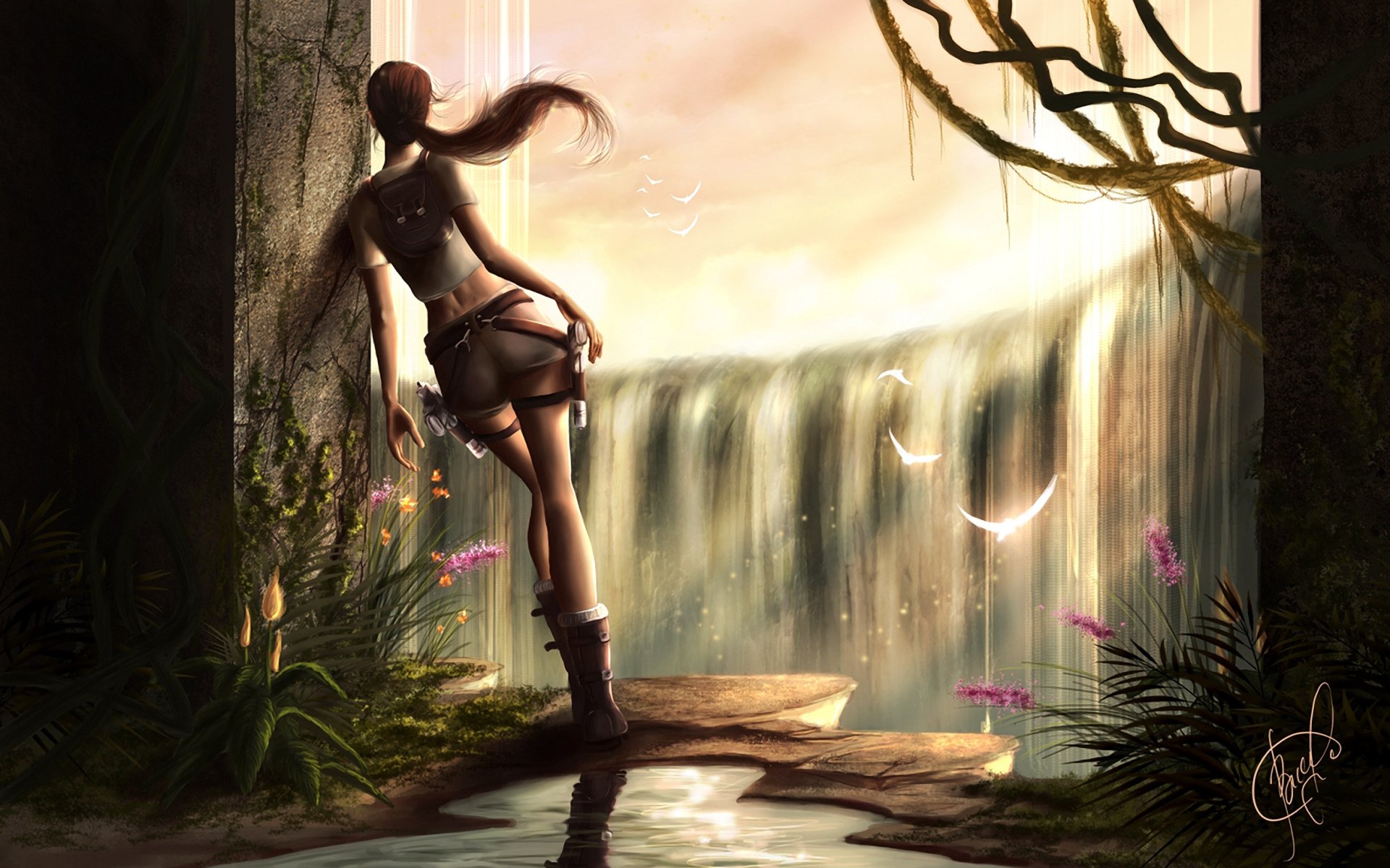 tomb raider лара крофт девушка водопад стена проем свет растения птицы