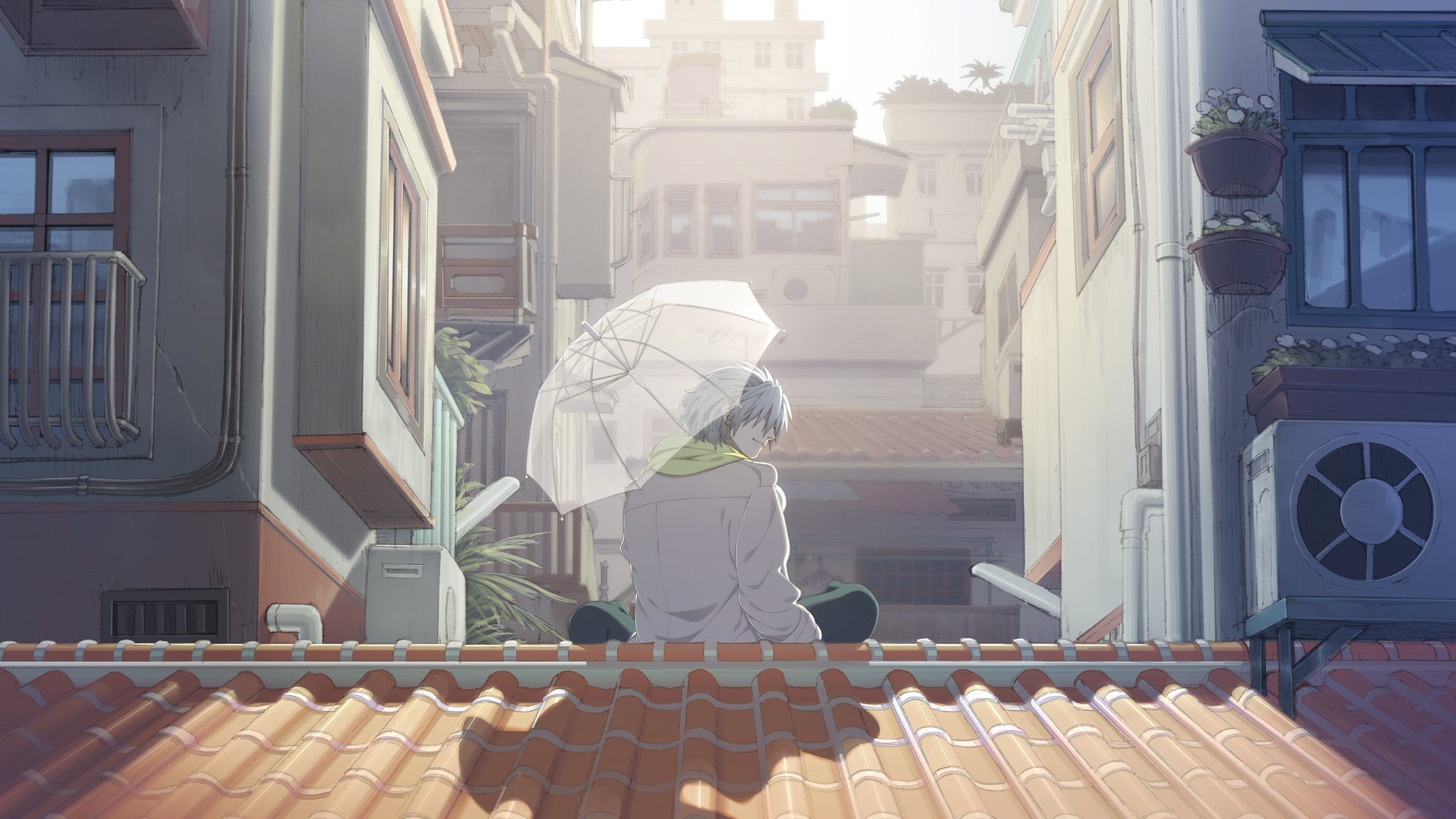 dramatical murder clear guy umbrella roof sitting white cloak scarf sunny day town