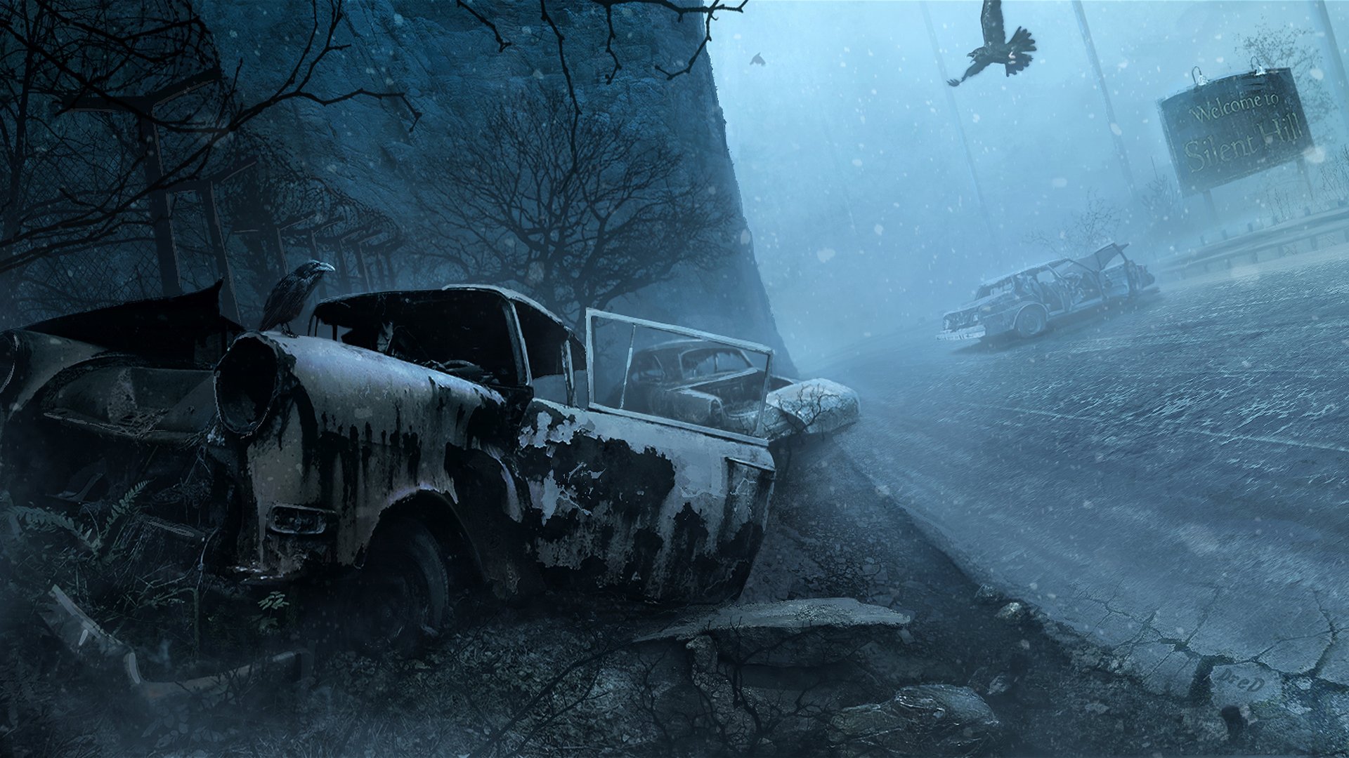 ilent hill bienvenido a silent hill noche coches nieve invierno aves
