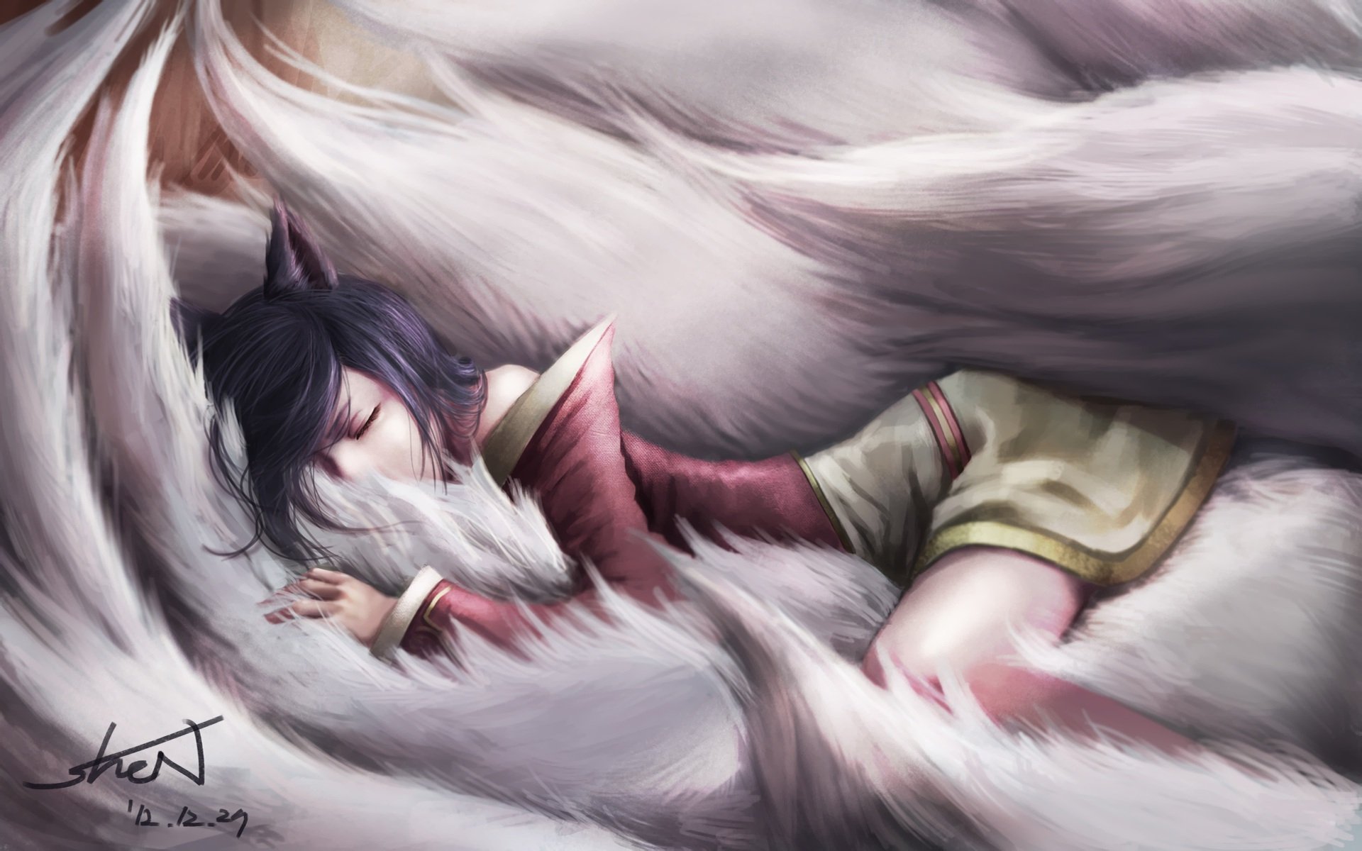 арт лига легенд ahri девушка сон спит хвосты