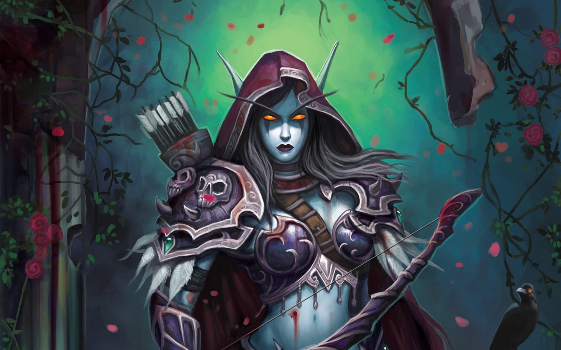 world of warcraft wow lady silvana windry elfe fantaisie arc flèches armure fleurs roses nuit
