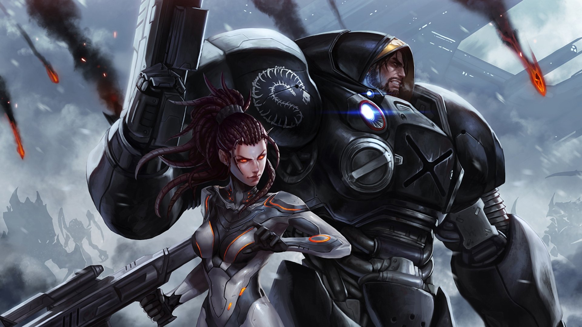 tarcraft sarah kerrigan jim raynor atterraggio armi armatura fumo fuoco sagome