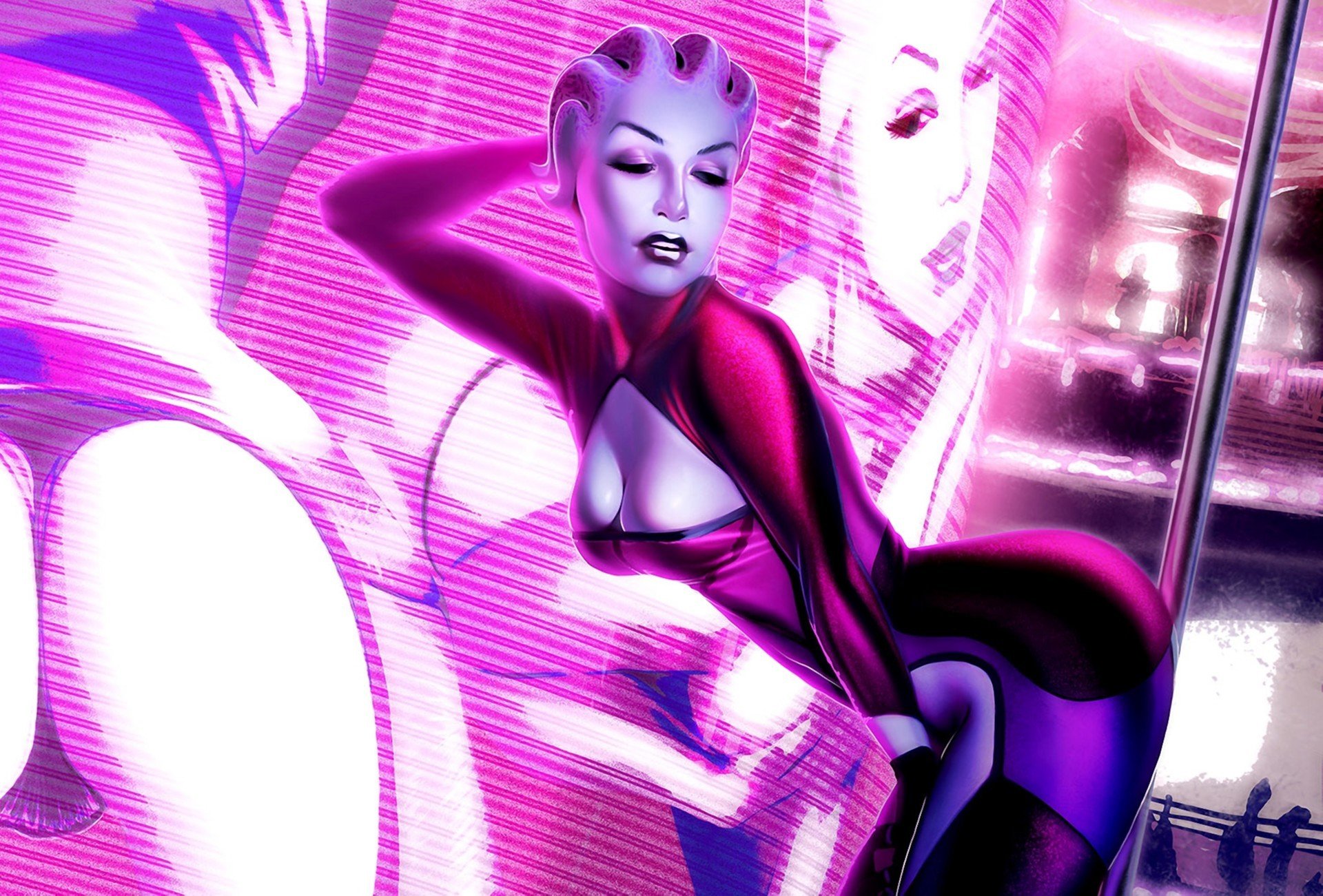 fanart mass effect asari ragazza bar omega schermo danza palo posa