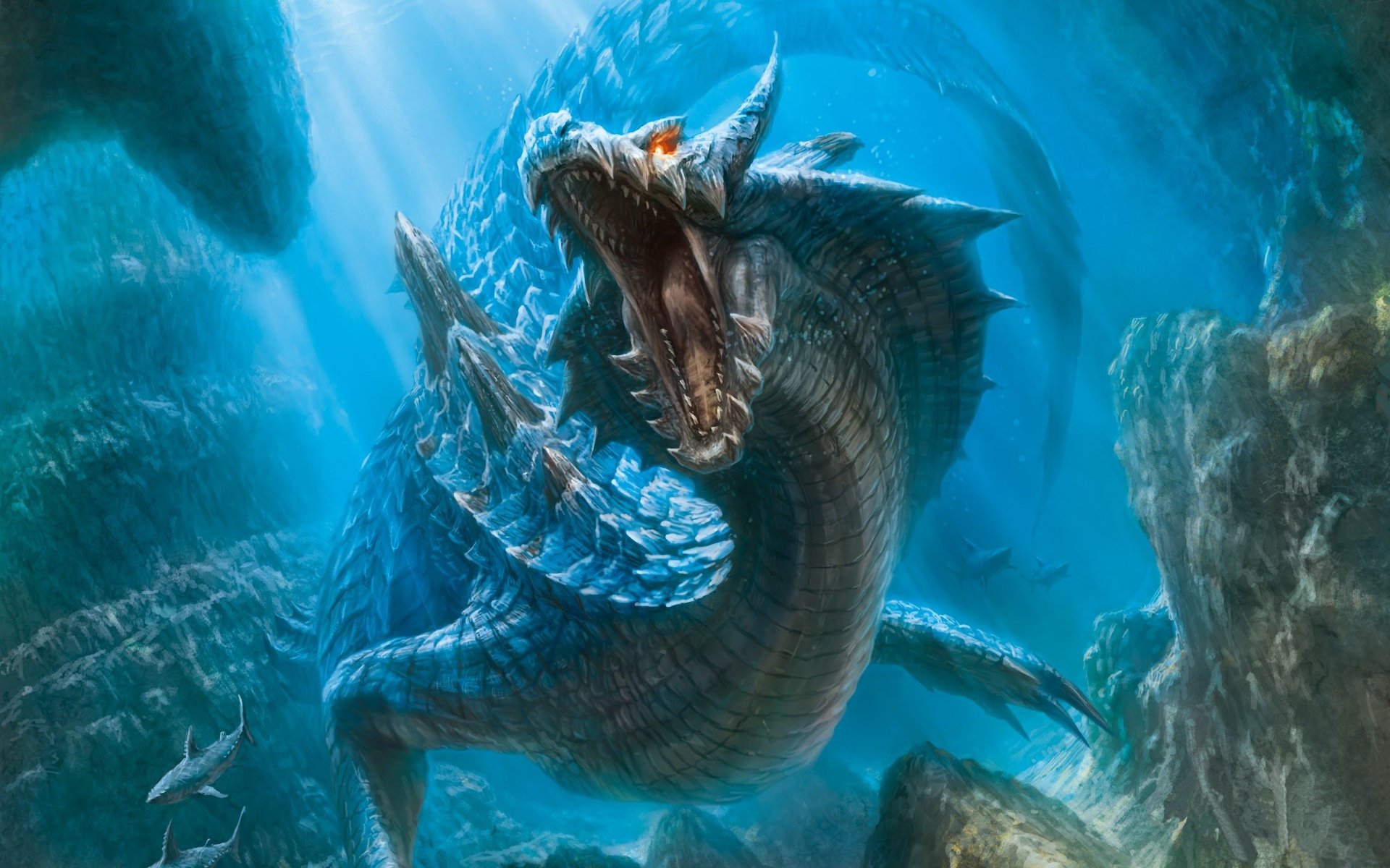 monster hunter dragón boca mundo submarino tiburones luz fondo