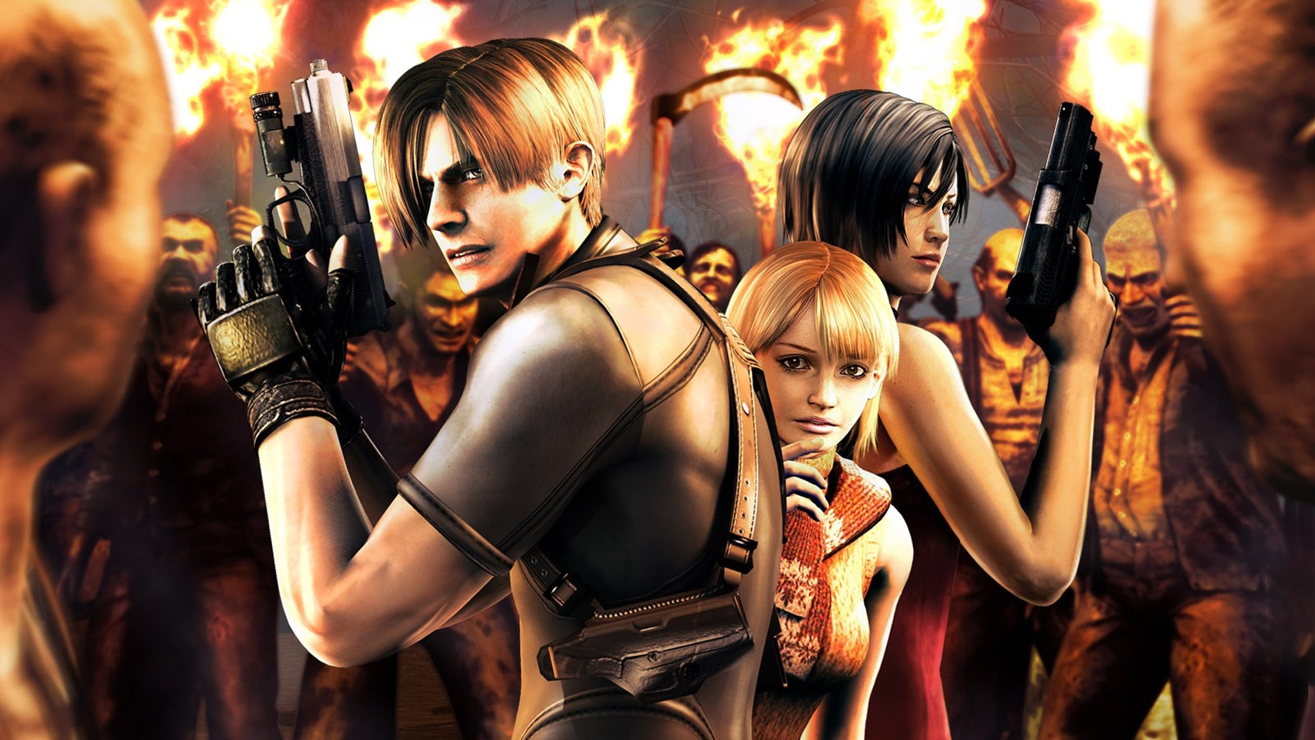 resident evil 4 leon scott kennedy ada wong ashley graham ashley graham villageois torches armes pistolets tresses fourches munitions feu environnement