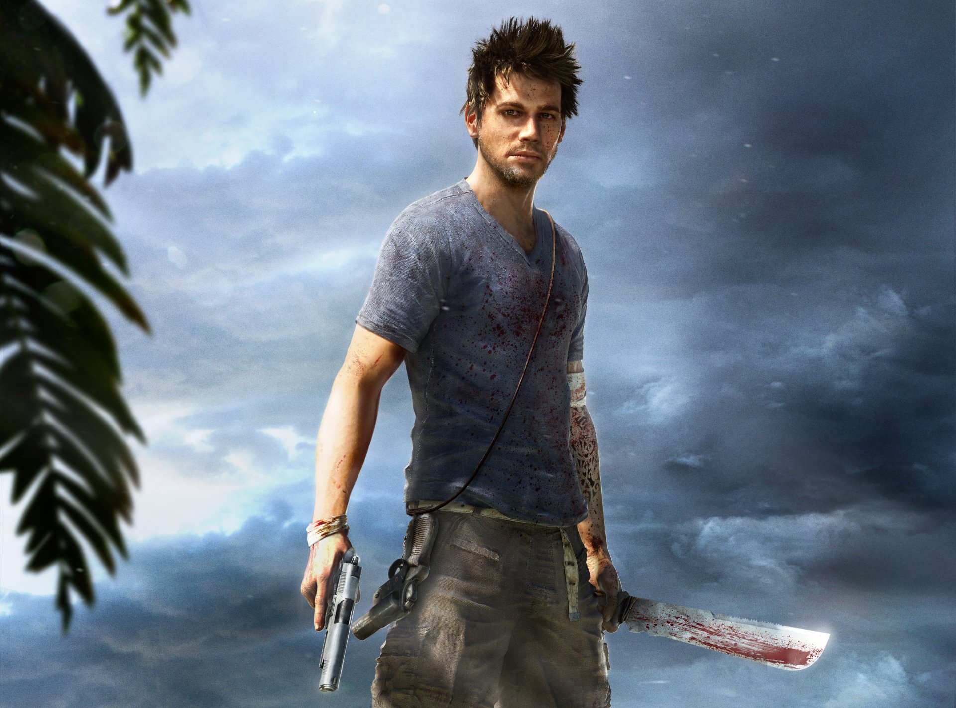 far cry 3 ubisoft джейсон броди джунгли протагонист оружие небо тучи мачете пистолет ракетница тату кровь neogaf