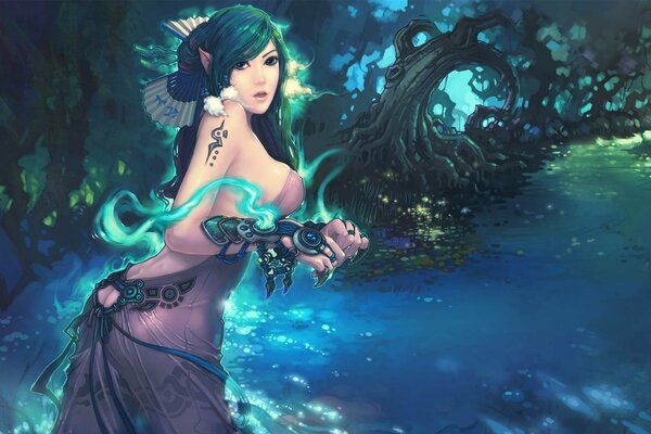 Ragazza elfo nella foresta vicino al fiume