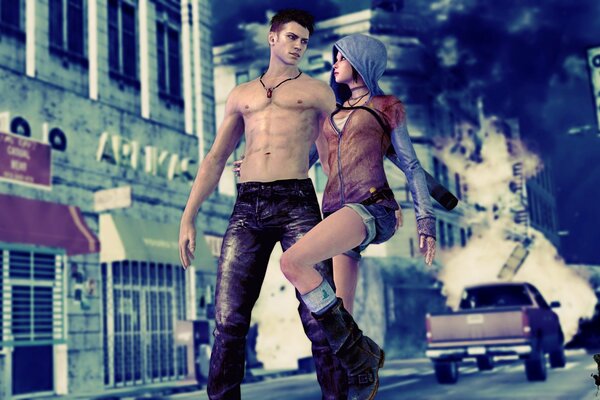 The game devil may cry 5 dmc. city. Dante in jeans with a girl in shorts with a hood on her head against the background of a destroyed car