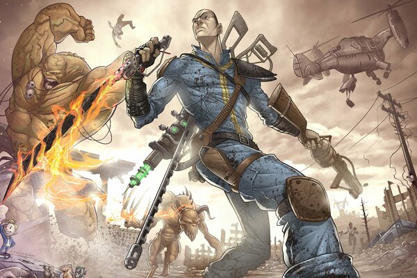 L homme dans le jeu post-apocalyptique Fallout entouré par des monstres, des mutants et d autres Khmers