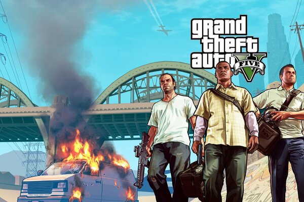 Personaggi principali di gta 5 con un auto in fiamme sotto il ponte