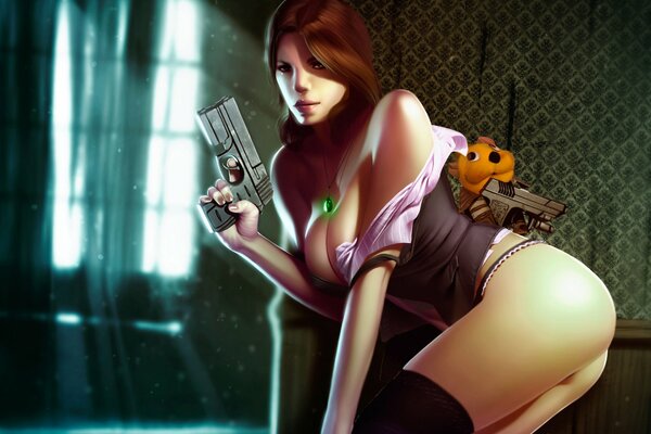 Девушка с пистолетом в коридоре