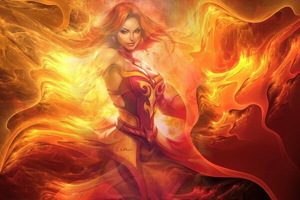 Fille en robe orange avec les cheveux roux