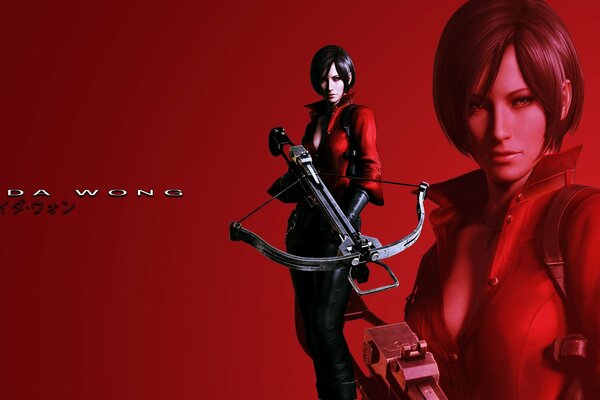 A girl with a gun on a red background
