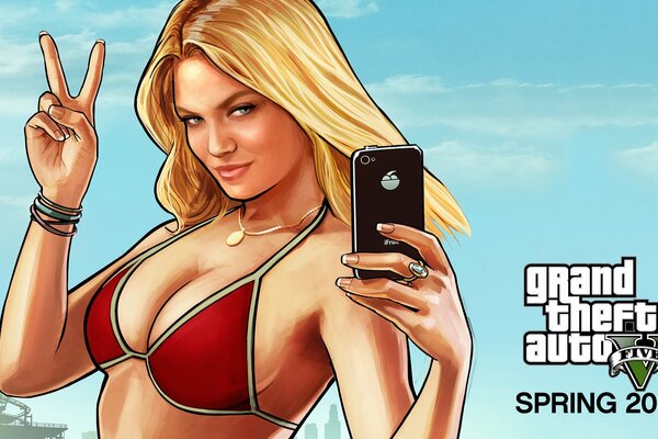 Dziewczyna blondynka w czerwonym kostiumie kąpielowym GTA