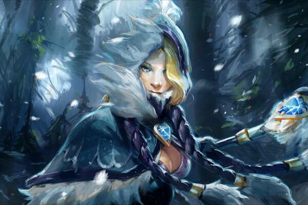 Art splash art. dota 2. rylai crestfall. crystal maiden. the girl in the set is a snowdrop with a staff protection of the ancients