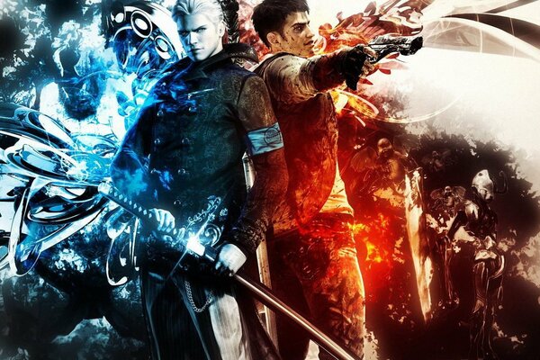 Characters with weapons on an abstract background