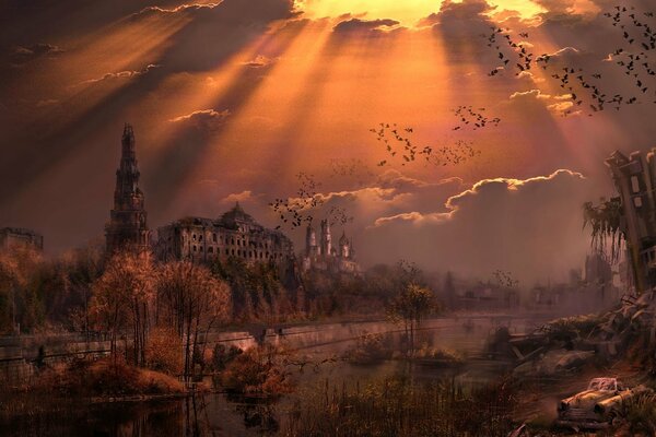 Hermosa puesta de sol sobre el río Moscú