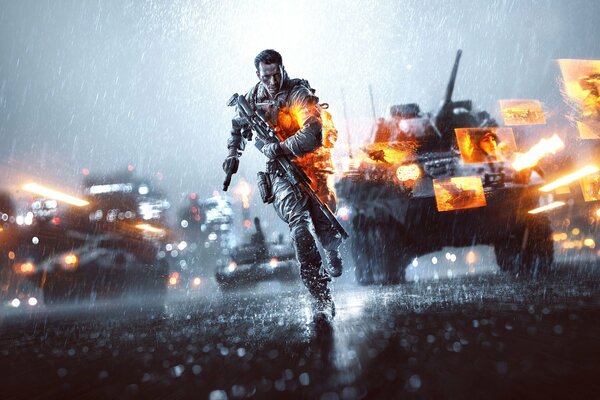 Running man soldier with a rifle in the rain on the background of tanks