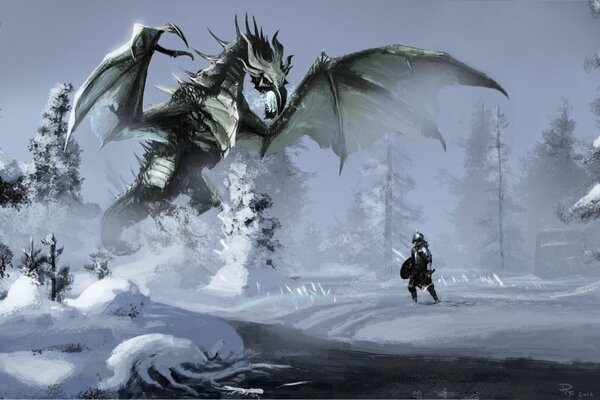El dragón ataca al guerrero en el bosque nevado