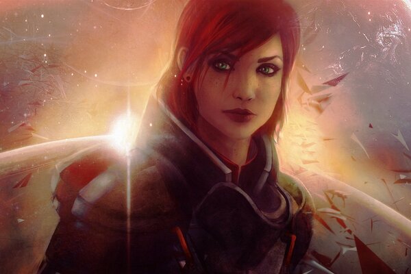 A red-haired girl with green eyes against the background of a planet with a rising sun