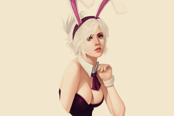 A girl in a tie with a cleavage and bunny ears on her head