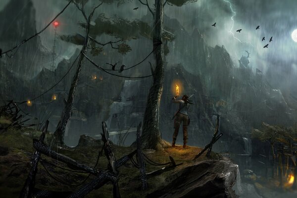 Lara Croft patrzy na górę w deszczową noc