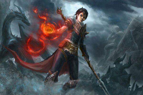 Mage avec un bâton dans une main et le feu dans l autre