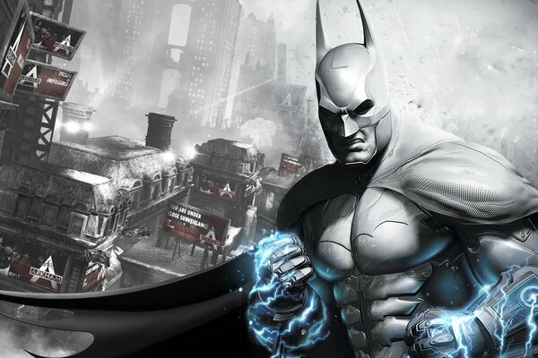 Dessin de Batman sur le fond de la ville dans les tons gris