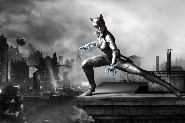Catwoman on the roof of a building in black and white