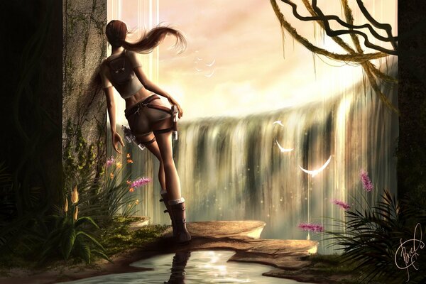 Lara croft von tomb raider steht in der Nähe eines Wasserfalls