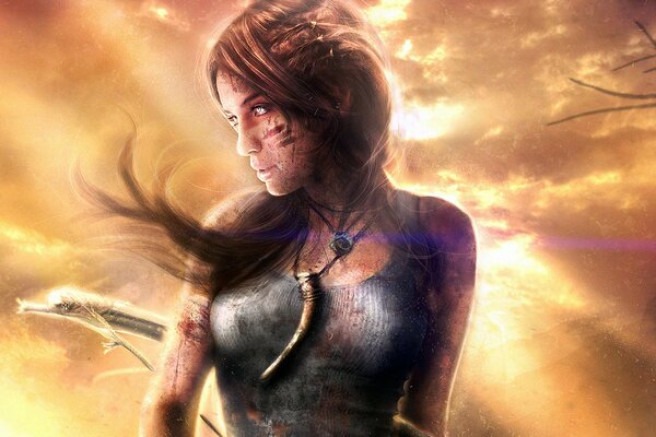 A girl with an aiulet in the form of a fang and a bow at sunset.