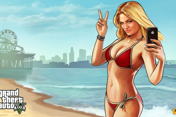 Chica rubia en la playa de los Ángeles. Juego GTA