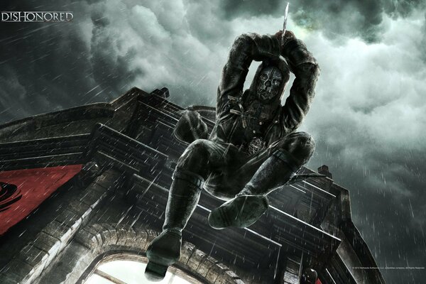 A bodyguard with a dagger makes a jump from the roof against the background of clouds