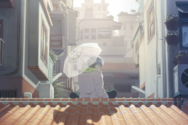 Cartoon image of a young man under an umbrella on the roof