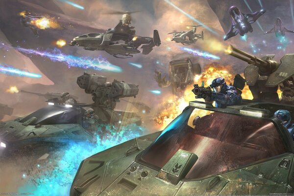 Battle in the computer game planes and helicopters during the battle