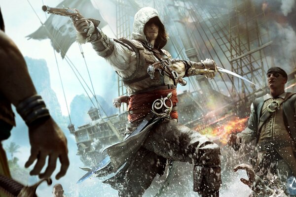 Personaggio del gioco per computer con armi sullo sfondo delle navi