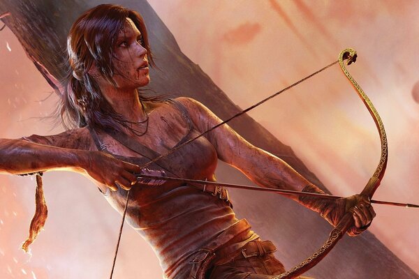 Lara Croft with a loaded bow in her hands