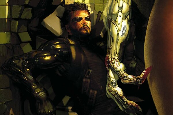La mano mecánica de una niña frente a Adam Jensen