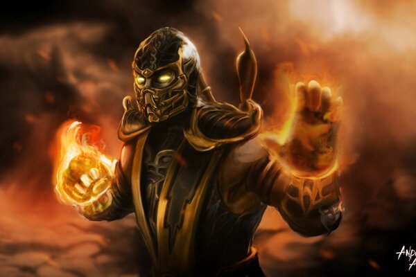 Escorpión de mortal Kombat se prepara para atacar