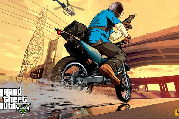 A man on a motorcycle rushes at full speed along the expressway