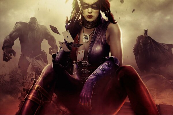 Harley Quinn au premier plan, Batman en arrière-plan